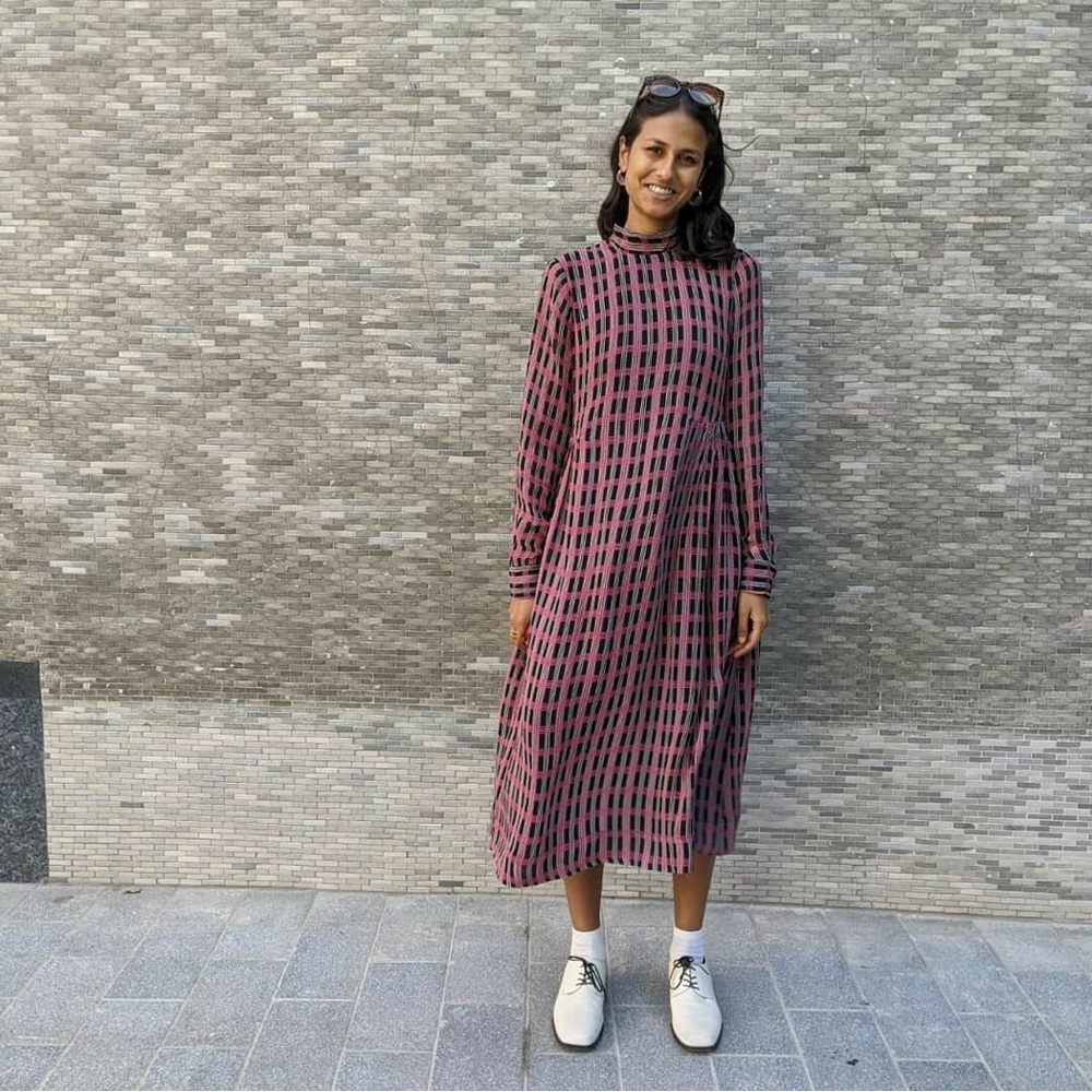 Ganni Printed‎ Georgette Plaid Gingham Midi Dress Small Mock Neck Long Sleeves